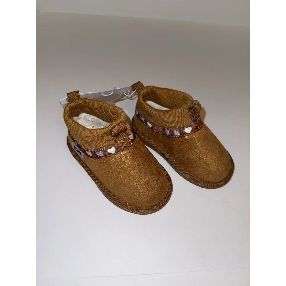Pawz Baby 6 Brown Slip On Booties Sherpa Lined Cozy Toddler Winter Hearts NEW